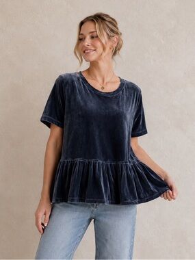 Wishlist Velvet Peplum Top in Charcoal Blue